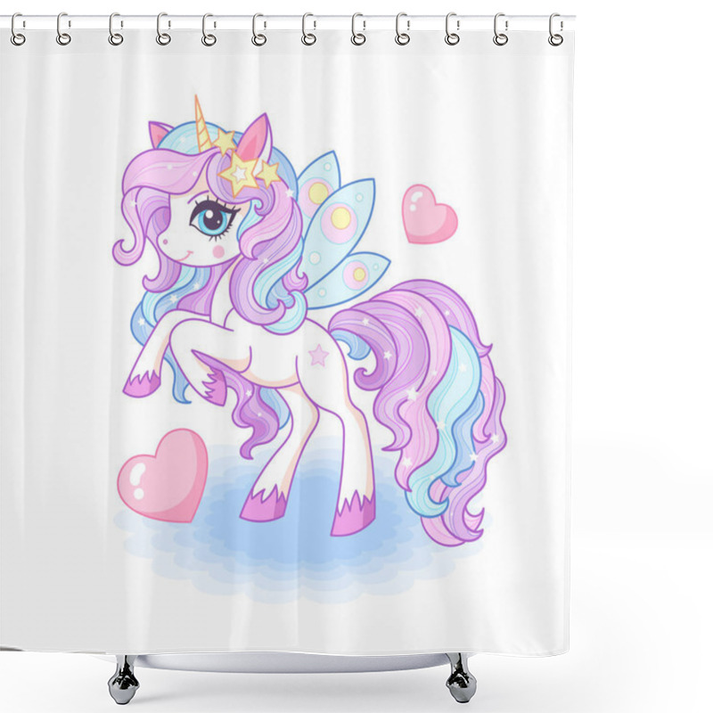 Personality  Cute Cartoon Unicorn With Butterfly Wings And Hearts. For Childrens Design Of Prints, Posters, Cards, Stickers, Puzzles, Etc. Vector Illustration Shower Curtains