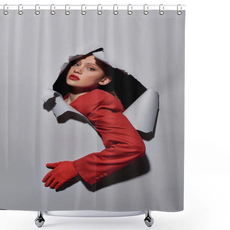 Personality  Attractive Woman With Red Sleeve And Glove Breaking Though Hole In Grey Background, Conceptual Shower Curtains