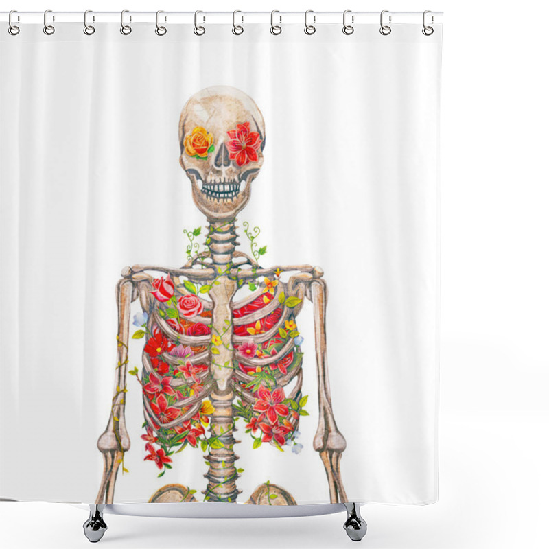 Personality  Blooming Skeleton On The White Background  Shower Curtains