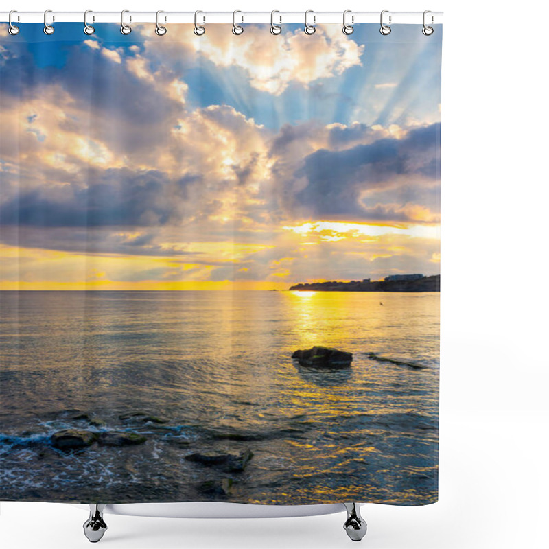 Personality  Gorgeous Sunrise At The Seaside. Sunbeams Come From Behind The Cloud. Sun Reflects On Rippled Water Surface. Calm Wave Touch Rocky Shore. Beautiful Summer Scenery And Vacation Concept Shower Curtains