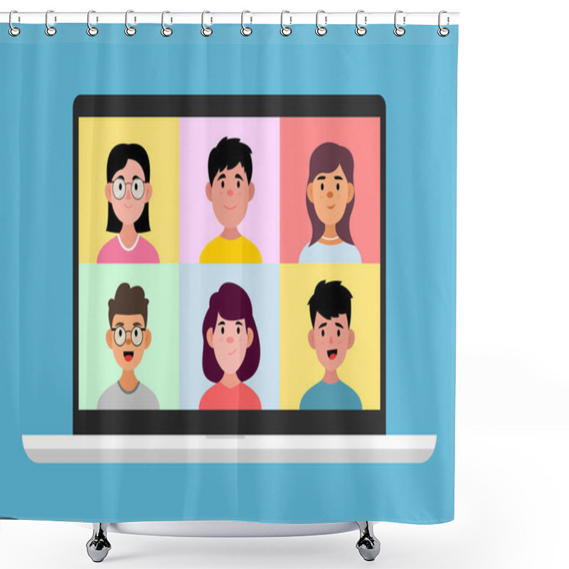 Personality  Video Conference Calling, Home Study, Remote Project Management, Quarantine, Work From Home. Vector Illustration Shower Curtains