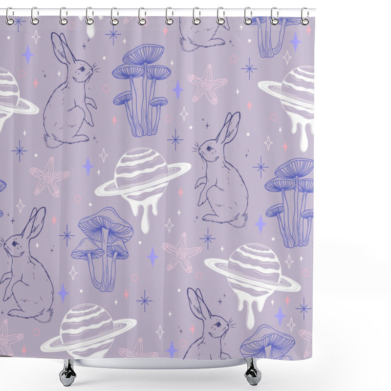 Personality  Pastel Purple Modern Tattoo Style Seamless Pattern With Bunny, Planets, Mushrooms, And Stars. Vector Background Shower Curtains