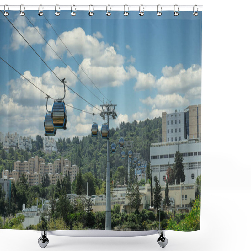 Personality  HAIFA, ISRAEL. April 26, 2021: The New Cable Car In Haifa That Connects The University Of Haifa And The Technion Institute To The Central Transportation Station. Shower Curtains