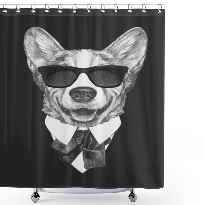 Personality  Nice Sketch Portrait Of Welsh Corgi Dog In Shirt With Bow Tie And Sunglasses On Black Shower Curtains