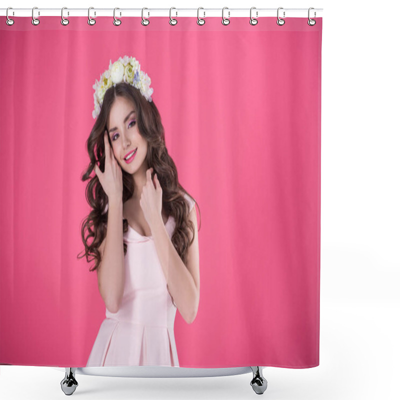 Personality  Beautiful Girl With Flowers Wreath On Head Touching Face Isolated On Pink Shower Curtains