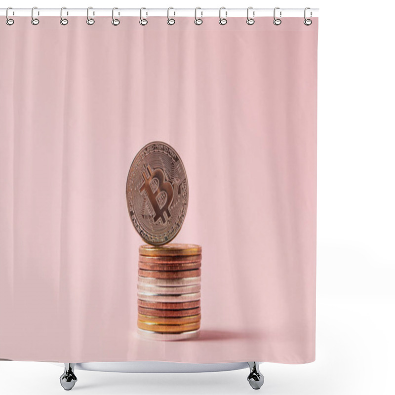 Personality  Close-up Shot Of Stack Of Bitcoins On Pink Surface Shower Curtains