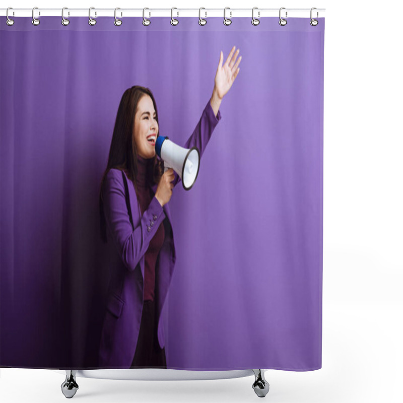 Personality  Excited Young Woman Talking In Megaphone While Standing With Raised Hand On Purple Background Shower Curtains