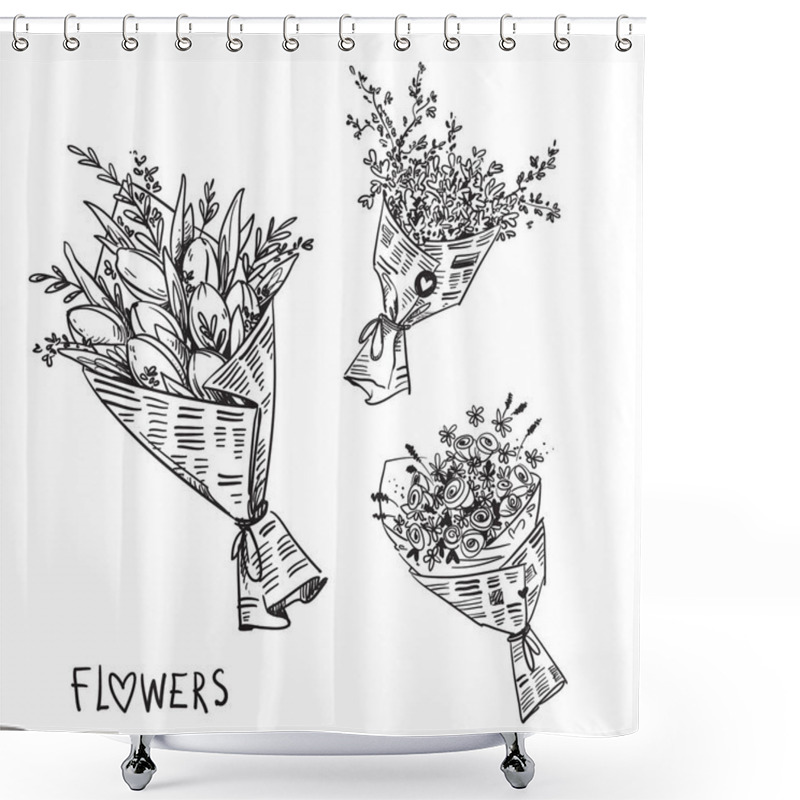 Personality  Vector Black And White Line Drawing Of Flower Bouquets Wrapped In Newspaper Shower Curtains