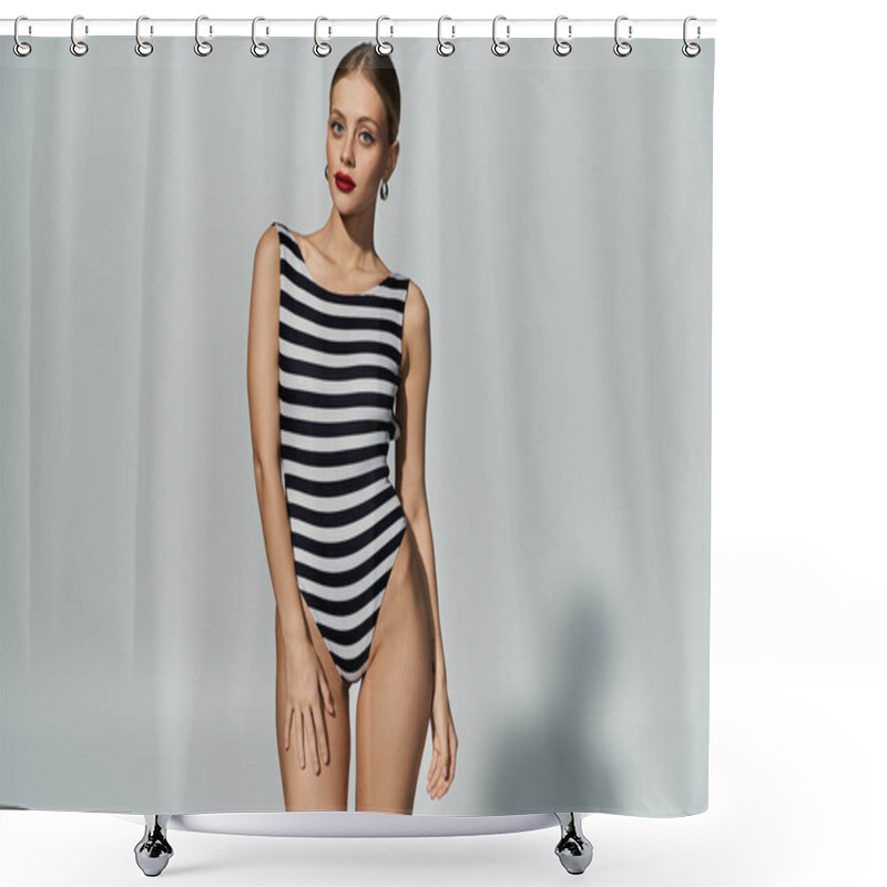 Personality  A Fashionable Blonde Woman Striking A Pose In A Chic, Black And White Striped Swimsuit. Shower Curtains