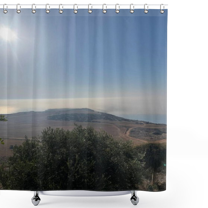 Personality  The Cape Greco Peninsula In Ayia Napa, Cyprus, Beautifully Veiled By Morning Clouds Under A Bright Sun And Expansive Blue Sky, Offering A Peaceful Coastal Scene. Shower Curtains