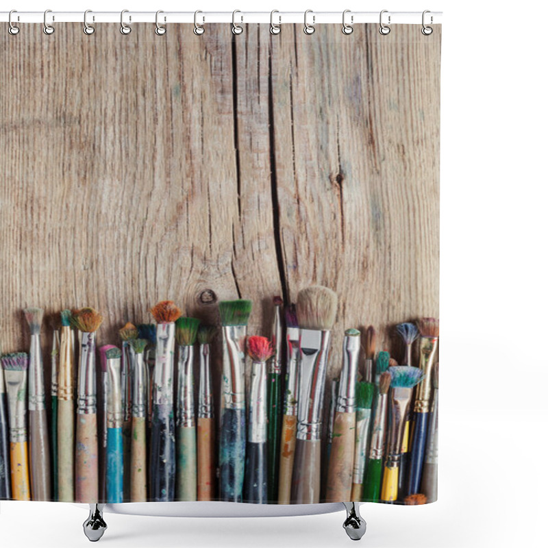 Personality  Row Of Artist Paintbrushes On Old Wooden Rustic Table Shower Curtains