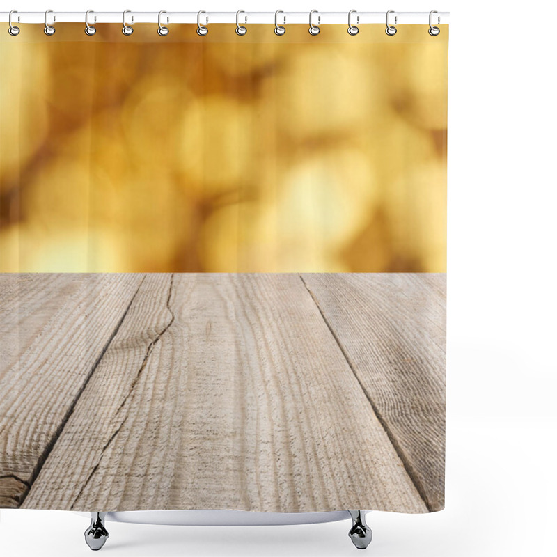 Personality  Surface Of Beige Wooden Planks With Blurry Golden Background Shower Curtains