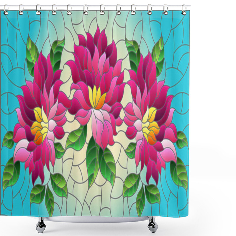 Personality  Illustration In A Stained Glass Style With Bright Pink Flowers On A Blue Background, Horizontal Orientation Shower Curtains