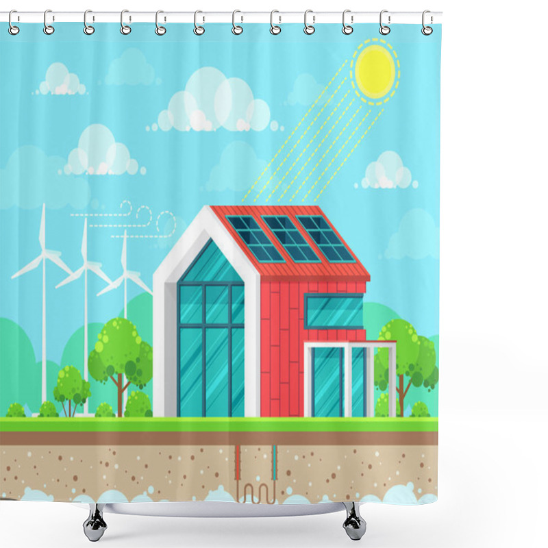 Personality  Flat Style Design Vector Illustration Of Landscape On Ecology Theme. Solar, Geothermal And Wind Energy Idea Concept Shower Curtains