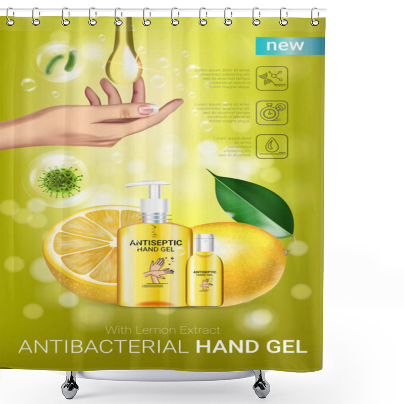 Personality  Lemon Flavor Antibacterial Hand Gel Ads. Vector Illustration With Antiseptic Hand Gel In Bottles And Lemon Elements Shower Curtains