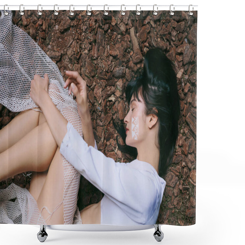 Personality  A Woman In A White Dress Poses With Eyes Closed Near A Swamp. Shower Curtains