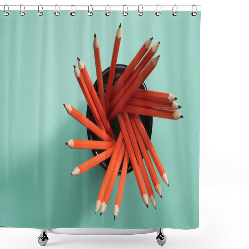 Personality  Elevated View Of Graphite Pencils In Desk Organizer On Green Shower Curtains