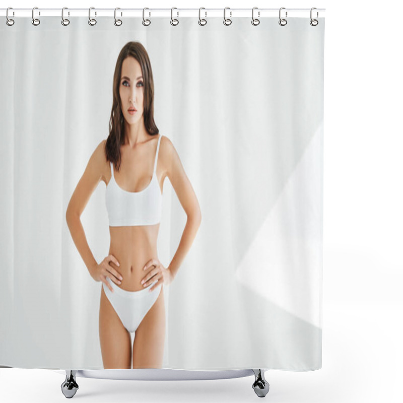 Personality  Young And Sporty Woman In Underwear Posing On White Studio Background With Copy Space Shower Curtains