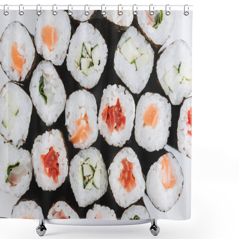 Personality  Top View Of Sushi Maki Rolls With Salmon And Cucumber And Other  Shower Curtains