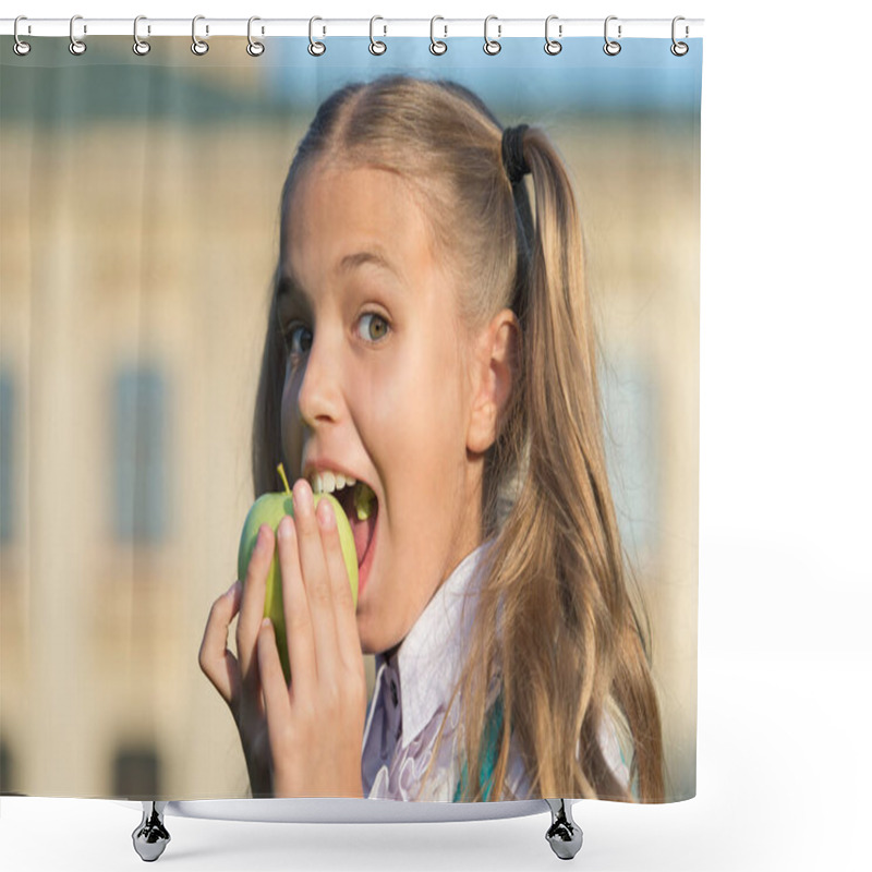 Personality  Eat For Health. Happy Child Bite Apple Outdoors. Natural Dieting. Dental Health. Oral Hygiene. Dental Clinic. Dental Care Habits. Preventing Cavities. Child Care And Health. Fruit For Teeth Health Shower Curtains