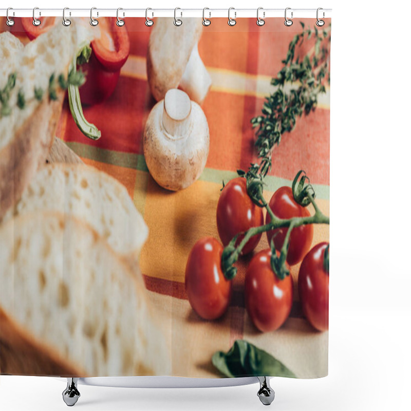 Personality  Fresh Ripe Cherry Tomatoes, Mushrooms And Sliced Bread On Table Napkin Shower Curtains