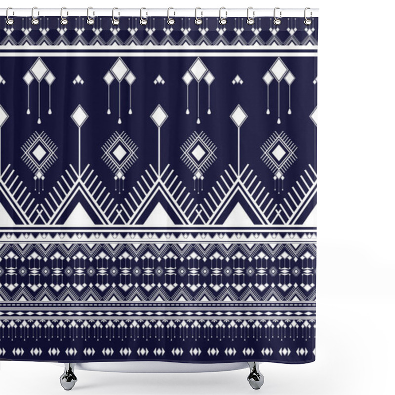 Personality  Vertical Ornaments With Paisleys White Elements Ethnic Pattern. Geometric Traditional Thai Pattern Fabric In Blue Background For Textiles, Carpet, Wallpaper, Clothing, Batik, Sarong, Silk Shower Curtains