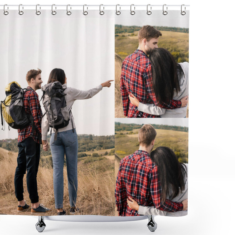 Personality  Collage Of Interactional Couple With Backpacks Holding Hands And Hugging Outdoors  Shower Curtains