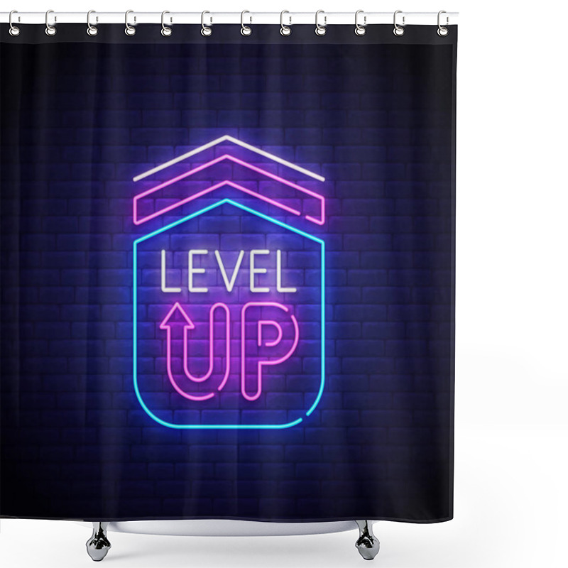 Personality  Game Popup. Level Up Neon Sign, Bright Signboard, Light Banner. Game Logo Neon, Emblem. Vector Illustration Shower Curtains