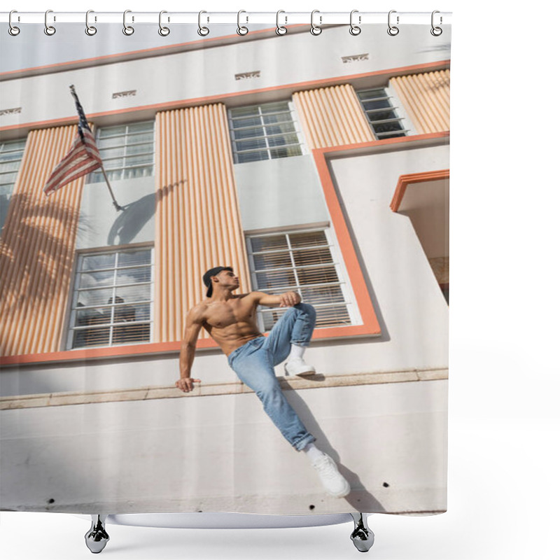 Personality  Cuban Man With Muscular Body Posing In Baseball Cap And Jeans On Street In Miami In Summer Shower Curtains