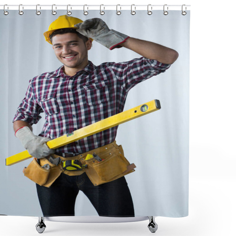 Personality  Male Architect Holding Measuring Equipment Shower Curtains