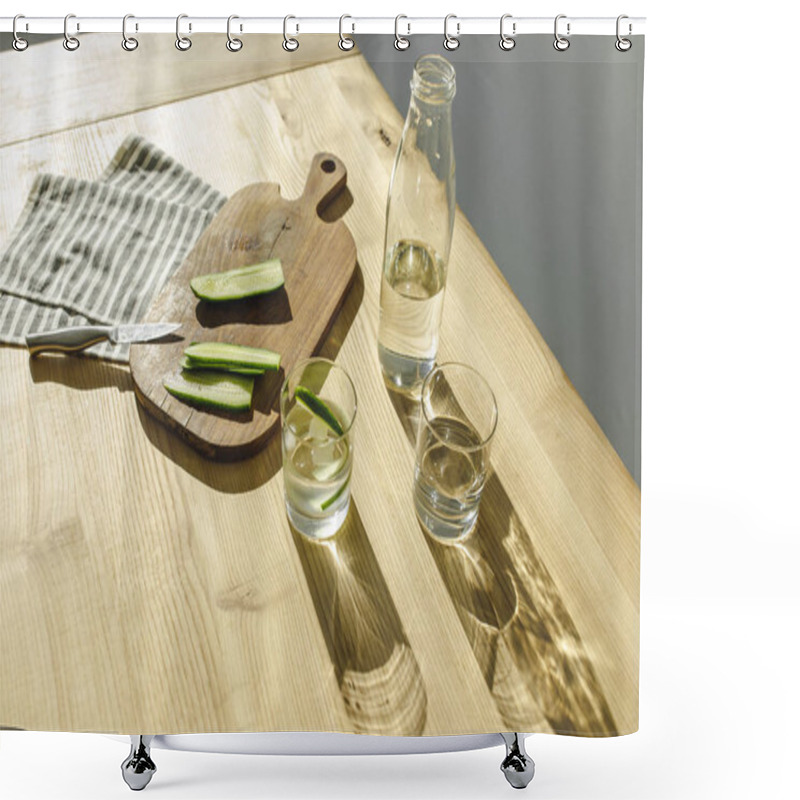 Personality  Overhead View Of Cut Cucumbers On Wooden Board And Glasses With Detox Water On Wooden Surface Shower Curtains