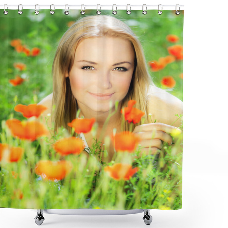 Personality  Beautiful Female Laying On The Flower Field Shower Curtains