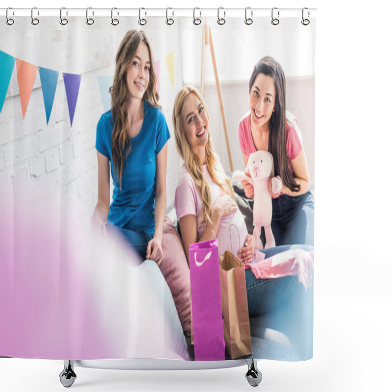 Personality  Happy Multicultural Friends And Pregnant Woman At Baby Shower Party Shower Curtains