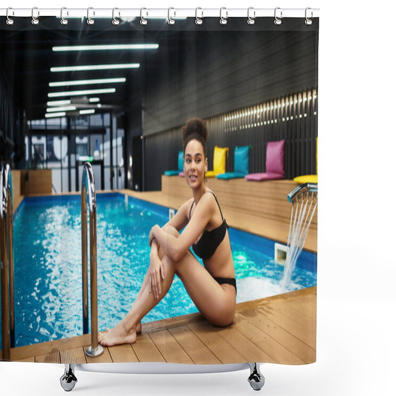 Personality  Young Woman Relaxes By The Water In A Spa, Soaking In The Calming Atmosphere And Beauty. Shower Curtains