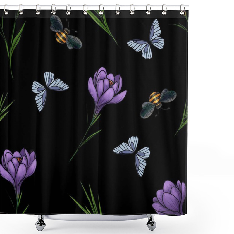 Personality  Seamless Pattern Of Spring Purple Crocuses With Leaves, Bees, And Butterflies In Big Design On Black Background For Creative Projects Shower Curtains