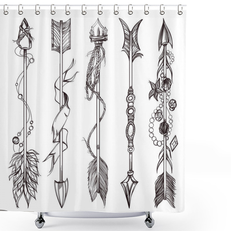 Personality  Set Of Arrows. Decorative Design Element In Boho Style. Outline Vector Illustration Isolated On White Background. Shower Curtains