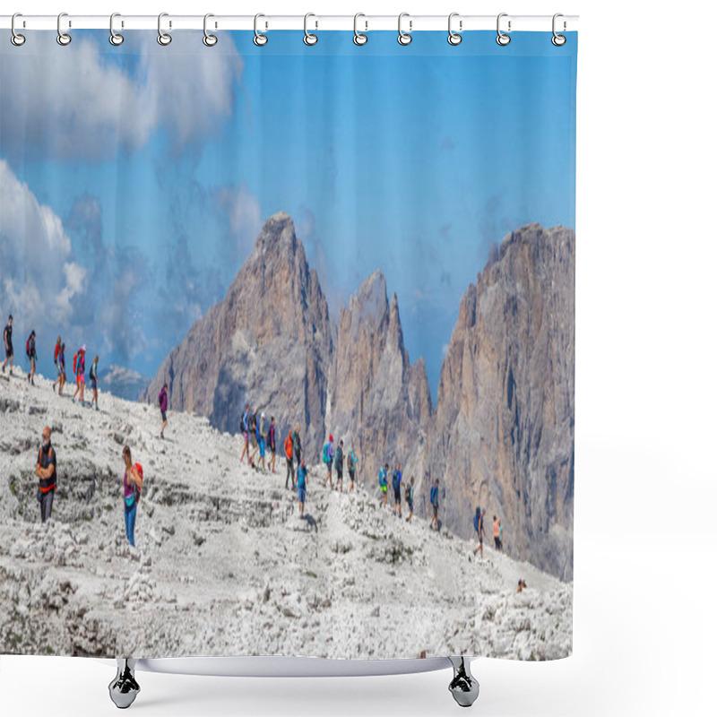 Personality  Dolomites, Italy---July 29, 2024: Group Of Tourists Hiking On The Top Of Rocky Mountain At Funivia Sass Pordoi, Moon Like Surface Shower Curtains