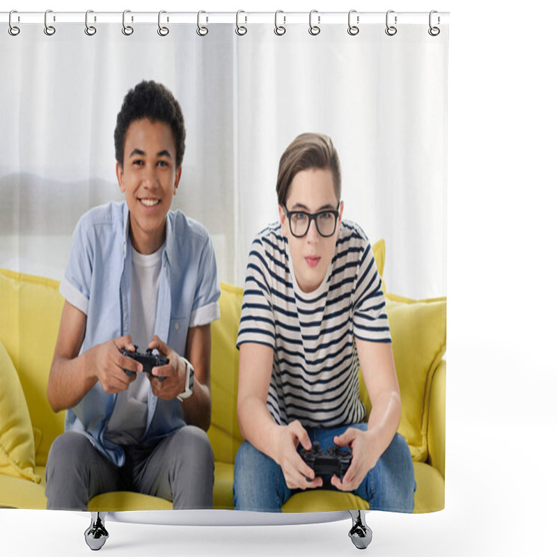 Personality  Happy Multicultural Teen Boys Playing Video Game At Home Shower Curtains