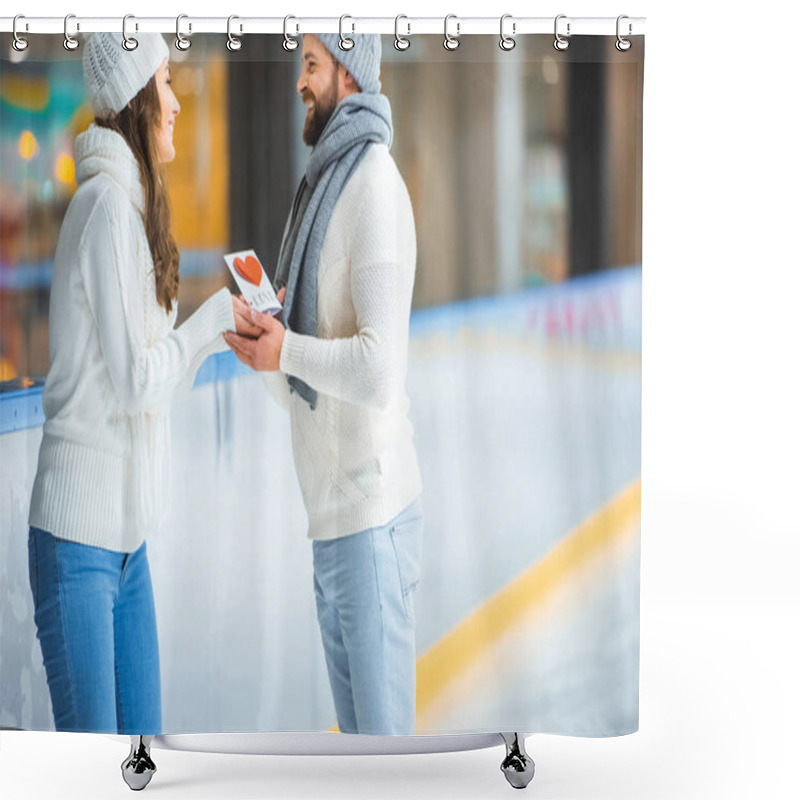 Personality  Side View Of Man Greeting Girlfriend With Postcard On Skating Rink, St Valentines Day Concept Shower Curtains