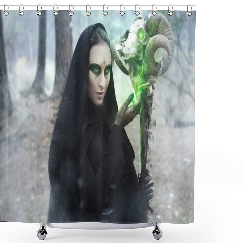 Personality  Tales For Halloween, The Girl With A Stick Of Ram Skull Girl In A Black Cloak With A Terrible Grimm, A Dark Image Shower Curtains