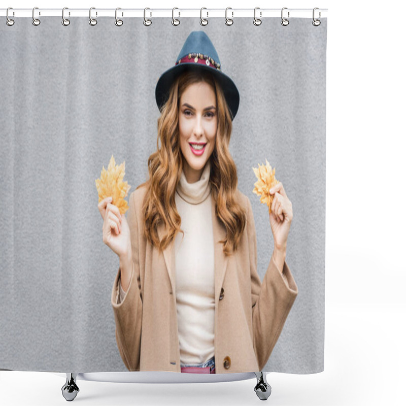 Personality  Attractive Woman In Blue Hat Looking At Camera And Holding Yellow Leaves  Shower Curtains