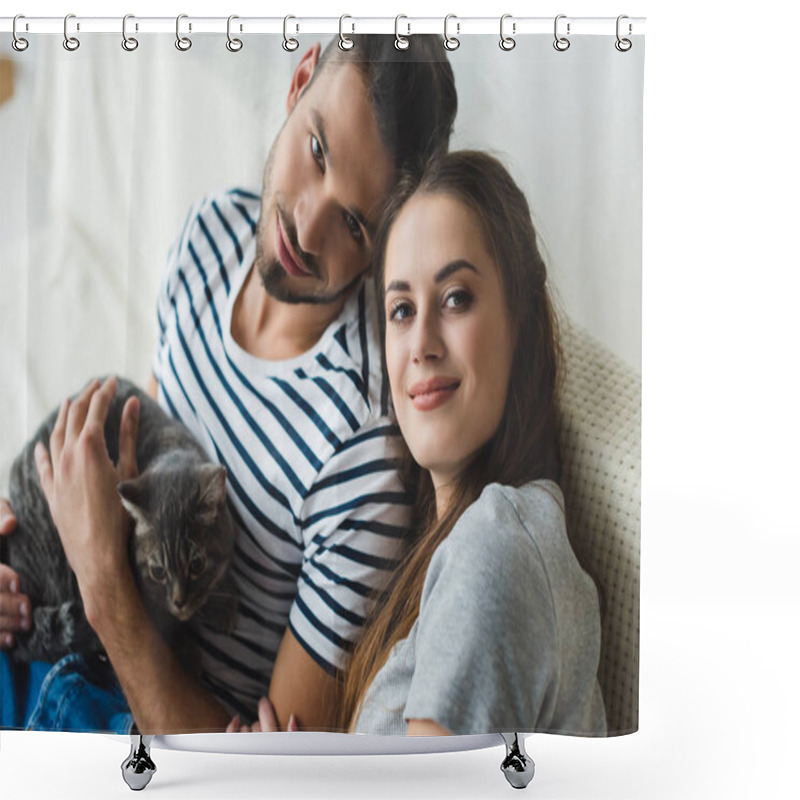 Personality  High Angle View Of Beautiful Young Couple With Adorable Tabby Cat Sitting On Couch Shower Curtains