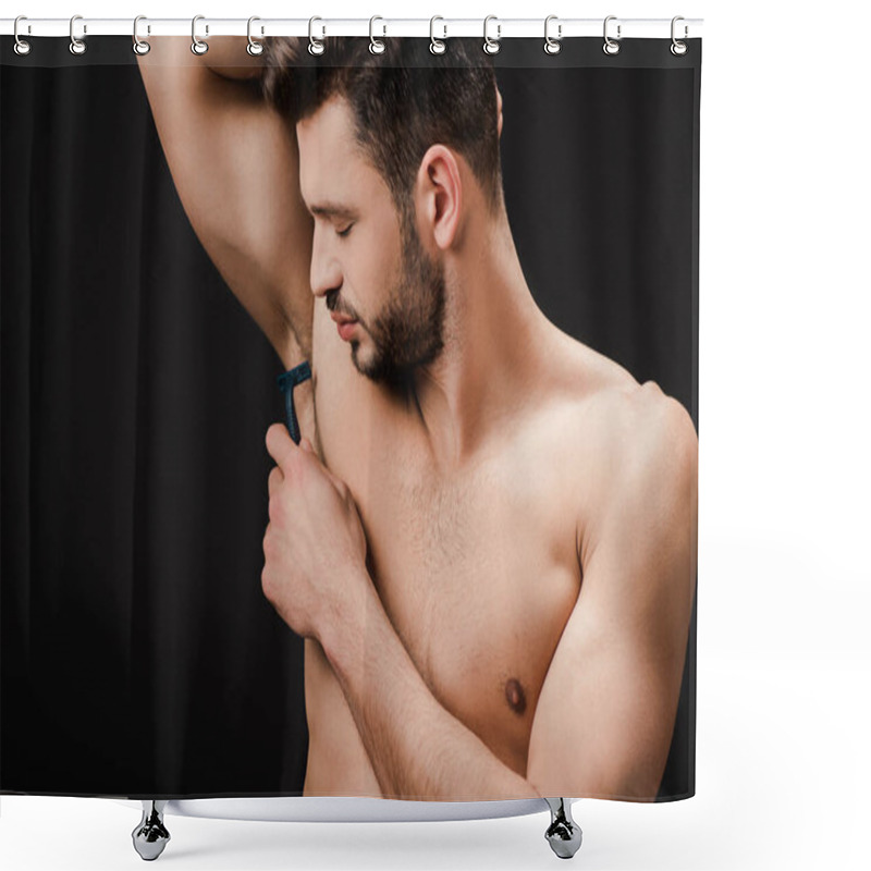 Personality  Brunette Nude Man Shaving Armpits With Razor Isolated On Black Shower Curtains