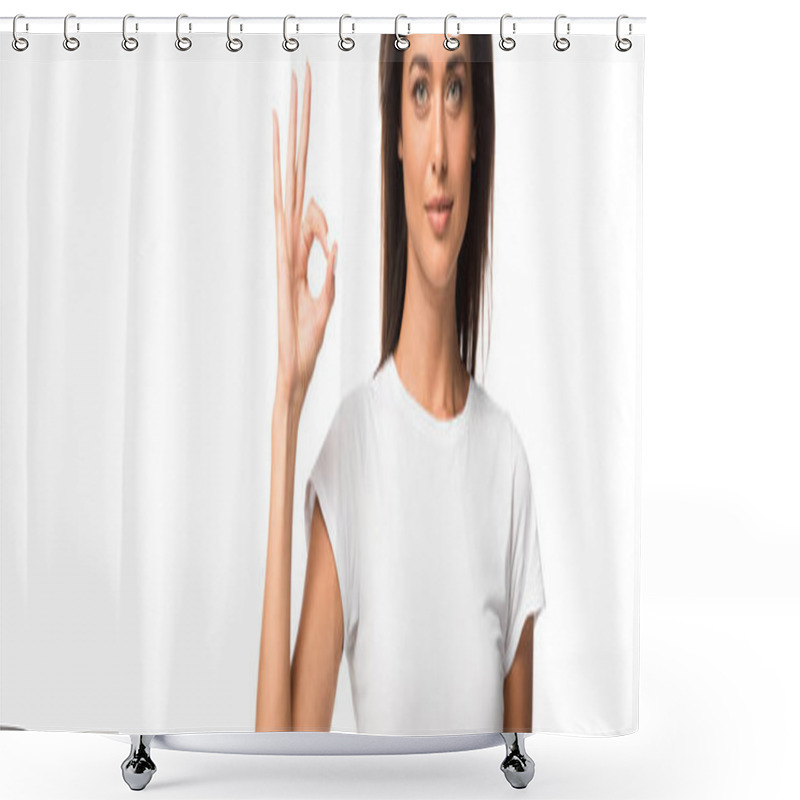 Personality  Beautiful Woman In White T-shirt Showing Ok Sign, Isolated On White Shower Curtains