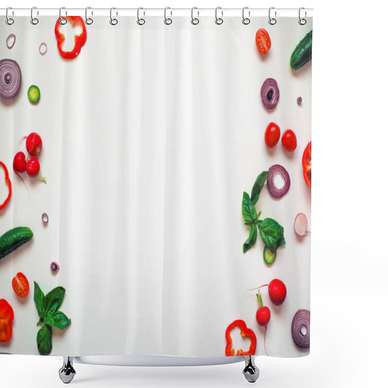 Personality  Cook Frame With Fresh Vegetables On White Background Top View Space For Text Shower Curtains