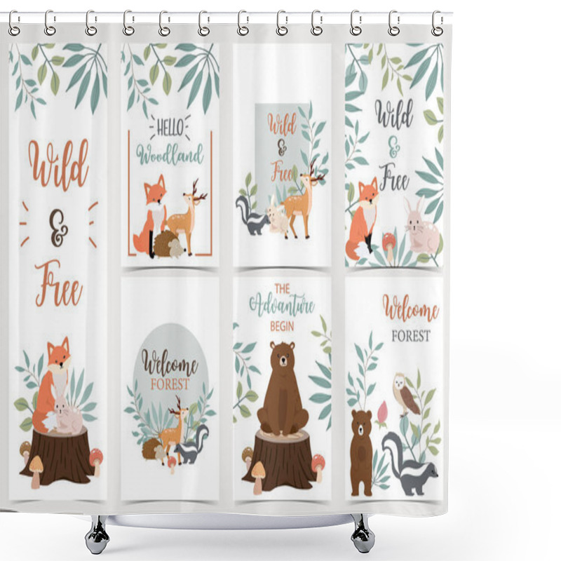 Personality  Collection Of Woodland Background Set With Bear,deer,skunk,fox.E Shower Curtains