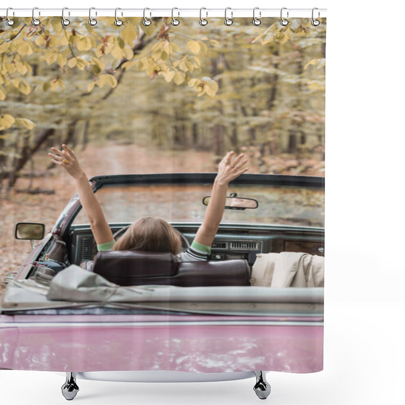 Personality  Back View Of Young Woman Sitting In Retro Cabriolet In Forest Shower Curtains