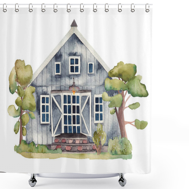 Personality  Watercolor Illustration Of Black Wooden Farmhouse, Isolated Illustration On White Background Shower Curtains