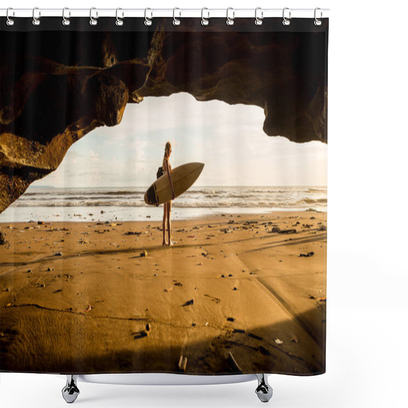 Personality  Young Surfer Woman With Surf Board Pose In Cave At Beach. Garbage And Plastic On Sand. Concept Of Ecological Problem And Disaster. People Water Sport Adventure Camp And Extreme Swim On Summer Vacation Shower Curtains