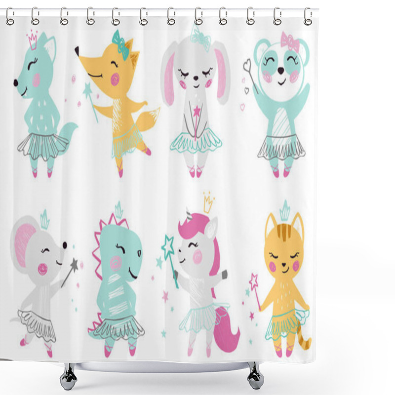 Personality  Animal Baby Girl Cute Print. Unicorn, Bunny, Fox, Wolf, Panda, Mouse, Cat, Kitten, Dinosaur With Magic Wand, Bow, Ballet Tutu, Pointe. Shower Curtains